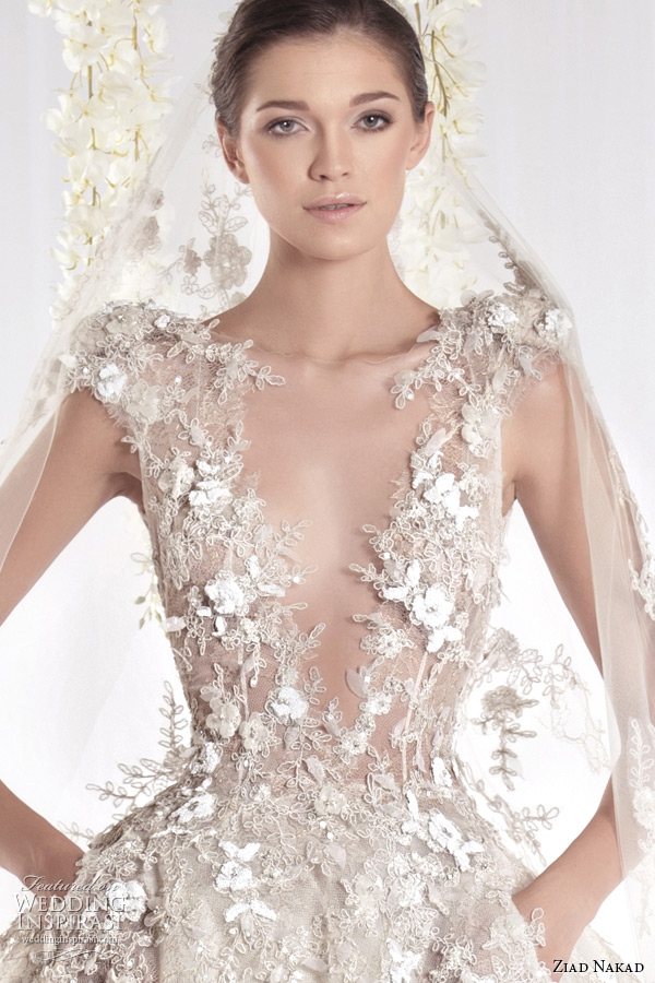 ziad nakad 2015 haute couture bridal wedding dress leaf applique plunging v neckline ball gown with pockets closeup