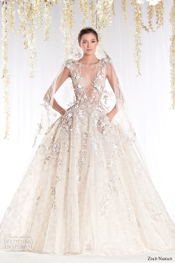 ziad nakad 2015 haute couture bridal wedding dress leaf applique plunging v neckline ball gown with pockets