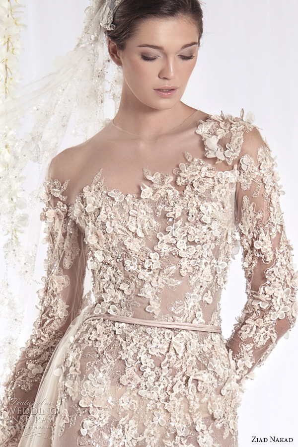 ziad nakad 2015 haute couture bridal wedding dress one shoulder long sleeves sheer sheath gown with leaf flora applique closeup