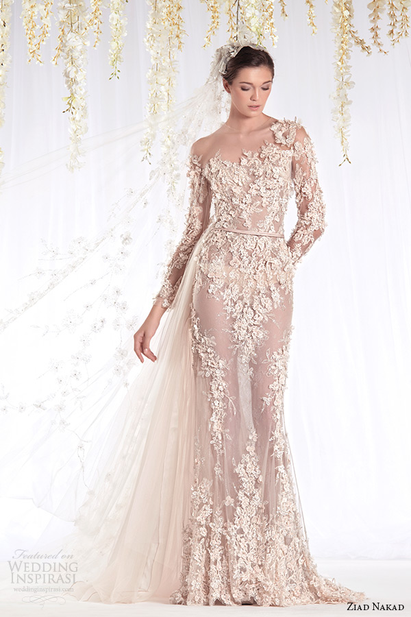 ziad nakad 2015 haute couture bridal wedding dress one shoulder long sleeves sheer sheath gown with leaf flora applique