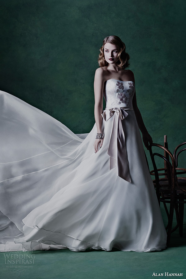 alan hannah wedding dress 2015 bridal summer strapless straight across a line gown hand painted silk bodice silk organza skirt