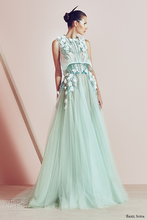 basil soda couture 2015 dress green tulle sheer aline gown