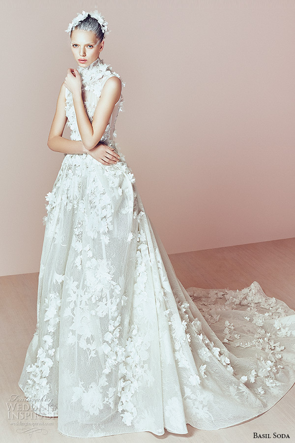 basil soda couture 2015 dress high neck sleeveless flora applique ballgown chapel train wedding gown