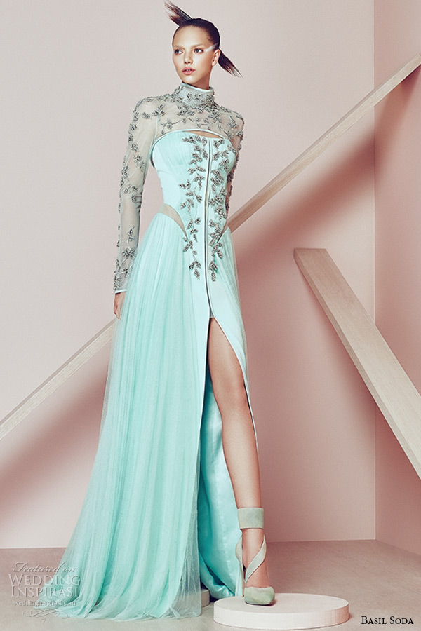 basil soda couture 2015 dress high neckline long sheer sleeves high split gown