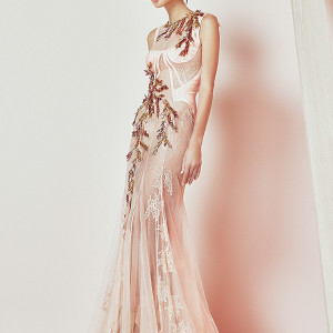 basil soda couture 2015 dress peach champagne bateau neckline sheath leaf applique gown
