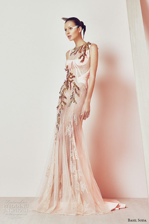 basil soda couture 2015 dress peach champagne bateau neckline sheath leaf applique gown