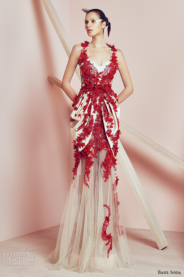 basil soda couture 2015 dress red applique sweetheart neckline gathered hip gown
