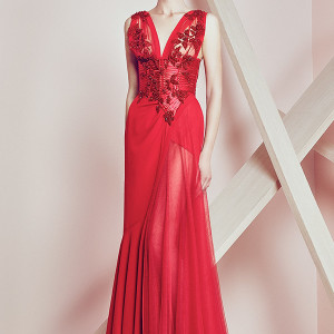 basil soda couture 2015 dress red plunging neckline red gown