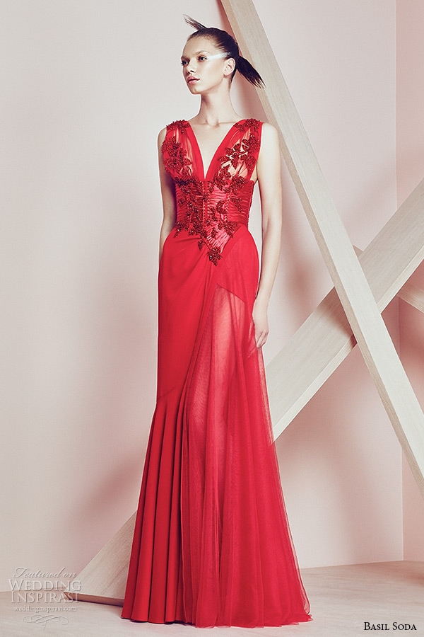 basil soda couture 2015 dress red plunging neckline red gown