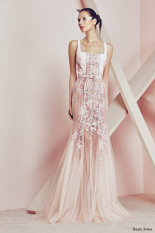 basil soda couture 2015 dress square neckline fit and flare pink gown