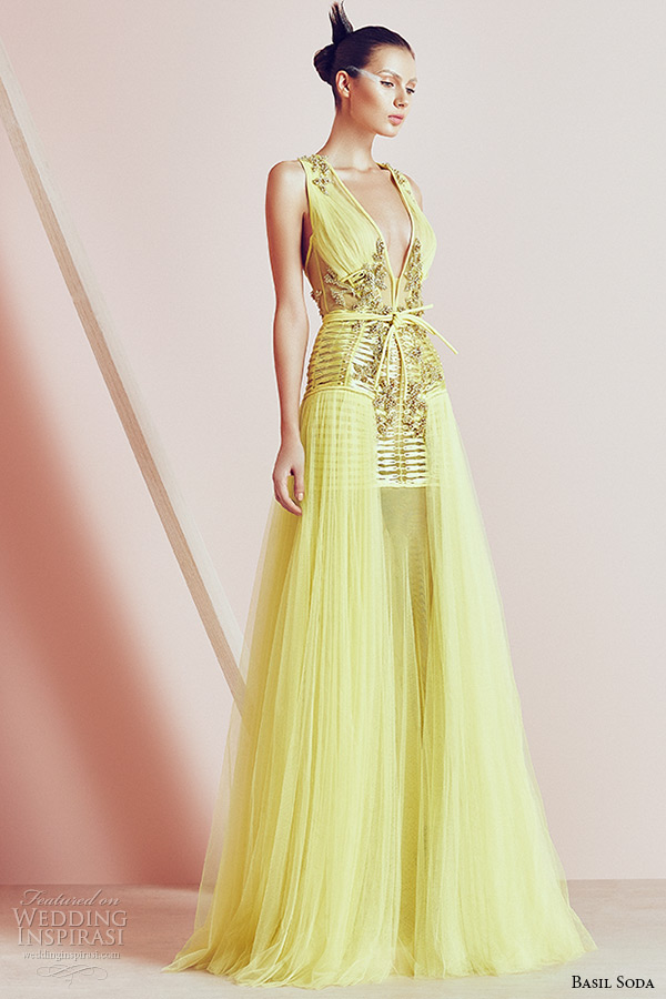 basil soda couture 2015 dresses sleeveless plunging neckline aline yellow gown