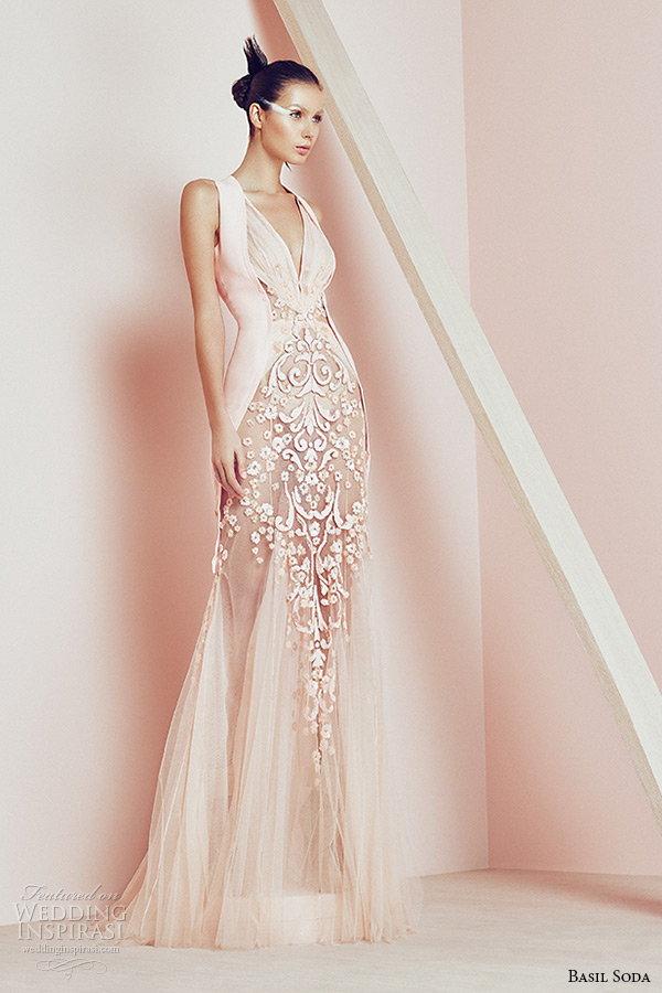 basil soda couture 2015 dresses sleeveless plunging neckline filigree sheath gown