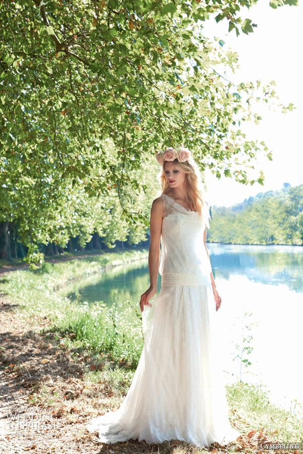 cymbeline bridal 2015 indigo sleeveless drop waist wedding dress cowl neck lace overlay