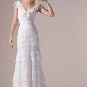 cymbeline bridal 2015 ingrid cap sleeve wedding dress tiered lace skirt scalloped v neckline