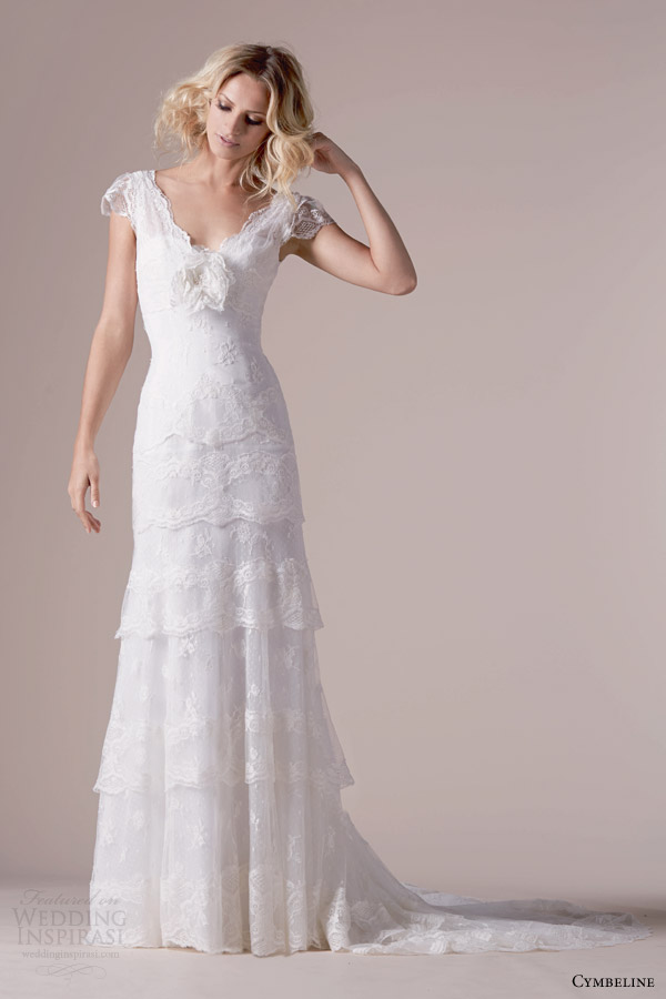 cymbeline bridal 2015 ingrid cap sleeve wedding dress tiered lace skirt scalloped v neckline