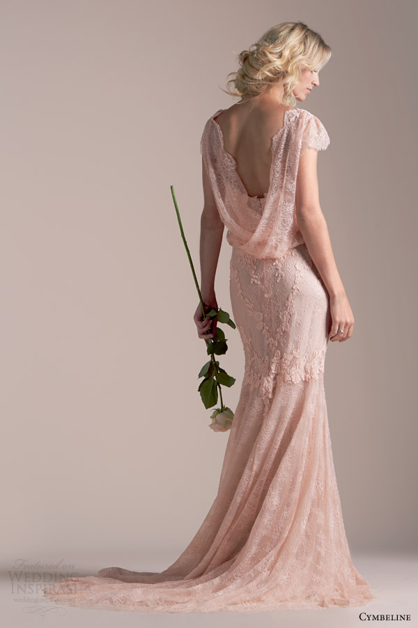 cymbeline bridal 2015 iphigenie rose pink lace wedding dress blouson scalloped cap sleeve bodice high neckline cowl back view