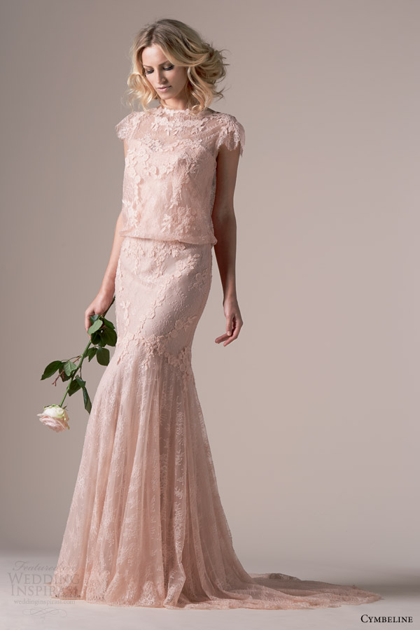 cymbeline bridal 2015 iphigenie rose pink lace wedding dress blouson scalloped cap sleeve bodice high neckline