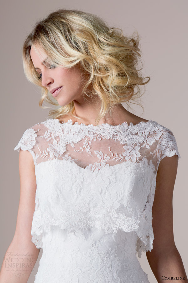 cymbeline bridal 2015 irvina drop waist ball gown wedding dress crop top cap sleeve lace topper close up bodice