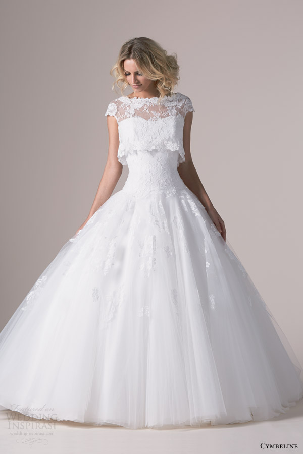 cymbeline bridal 2015 irvina drop waist ball gown wedding dress crop top cap sleeve lace topper