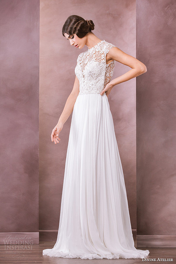 divine atelier wedding dress 2015 bridal cap sleeve bateau neckline floral leaf lace top a line gown petra