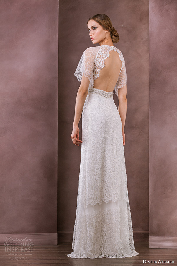 divine atelier wedding dress 2015 bridal flutter lace sleeves jewel neckline jeweled belt column gown serena back