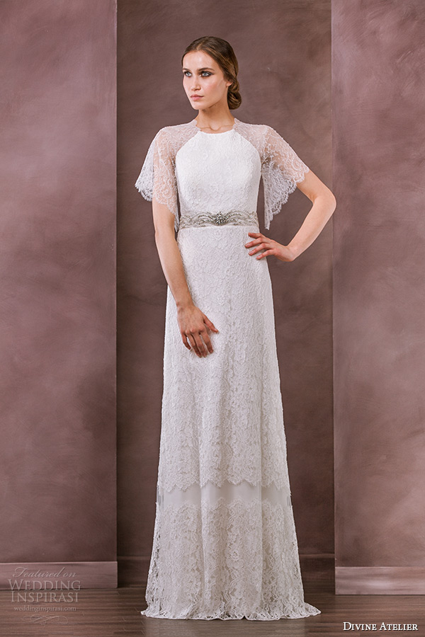 divine atelier wedding dress 2015 bridal flutter lace sleeves jewel neckline jeweled belt column gown serena