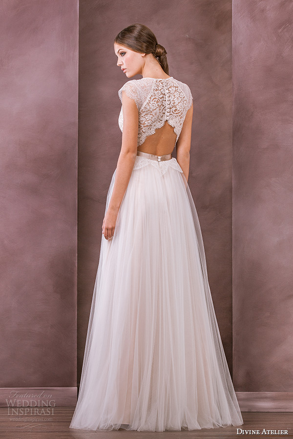 divine atelier wedding dress 2015 bridal jewel neckline cap sleeves plunging neckline tullet a line gown antonia back