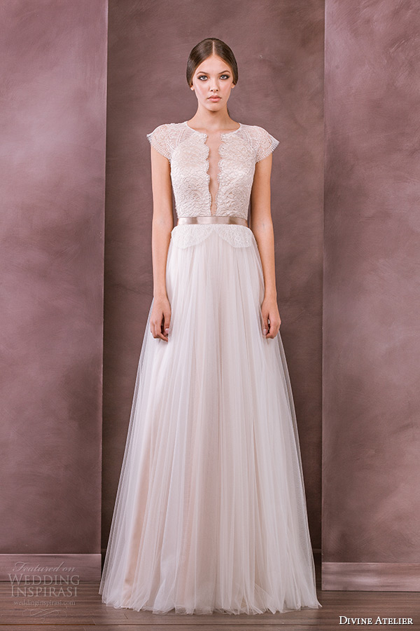 divine atelier wedding dress 2015 bridal jewel neckline cap sleeves plunging neckline tullet a line gown antonia