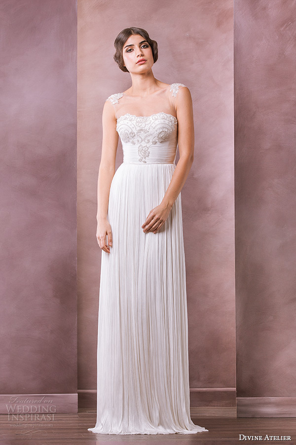divine atelier wedding dress 2015 bridal sheer top applique shoulder embroidery bodice sheath gown cristal