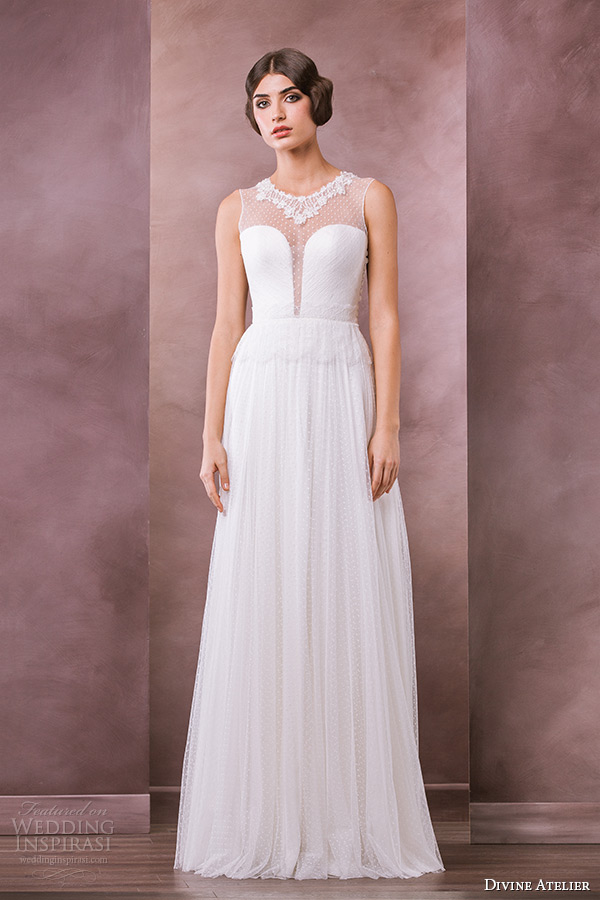 divine atelier wedding dress 2015 bridal sleeveless jewel neckline lace plunging neckline a line gown sonora