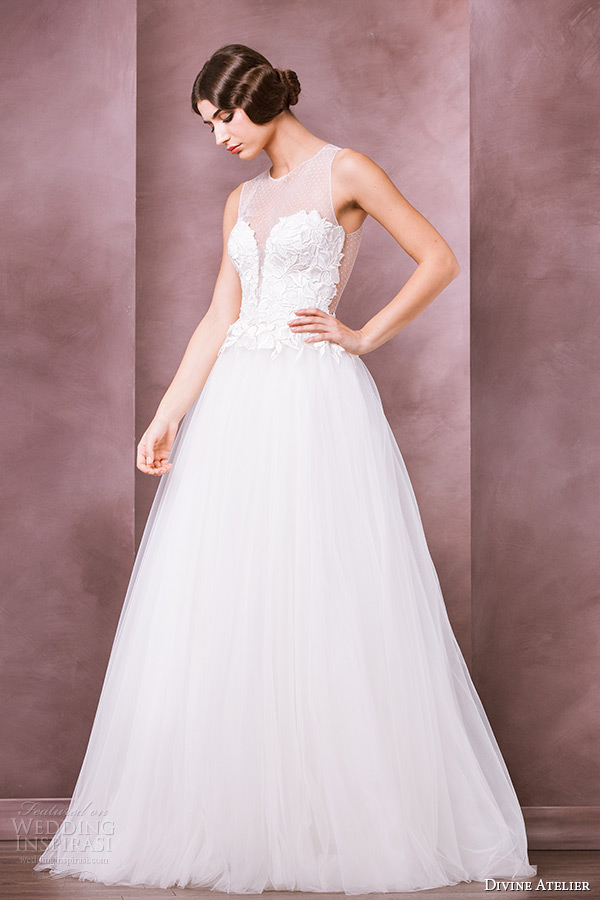 divine atelier wedding dress 2015 bridal sleeveless  jewel sheer lace sweetheart plunging neckline a line gown amira