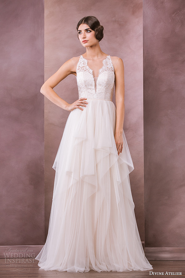 divine atelier wedding dress 2015 bridal sleeveless sheer lace strap plunging neckline tiered layered tulle a line gown carissa