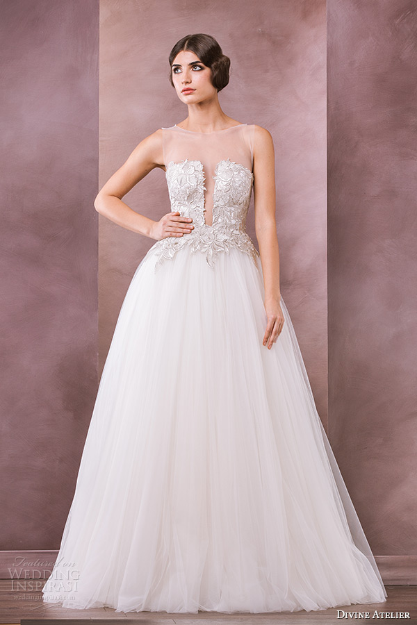divine atelier wedding dress 2015 bridal sleeveless sheer sabrina plunging neckline a line gown elise