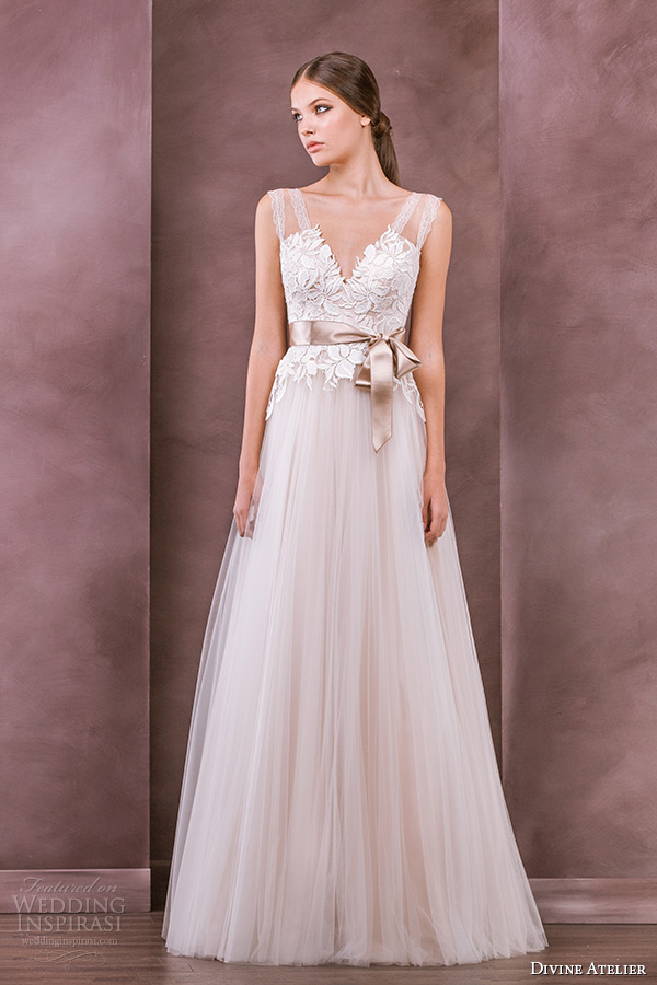 divine atelier wedding dress 2015 bridal sleeveless strap v neckline embroidery bodice tullet a line gown inna