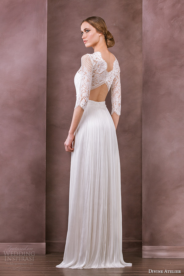 divine atelier wedding dress 2015 bridal three quarter 3 4 sleeves bateau neckline lace top column gown iman back