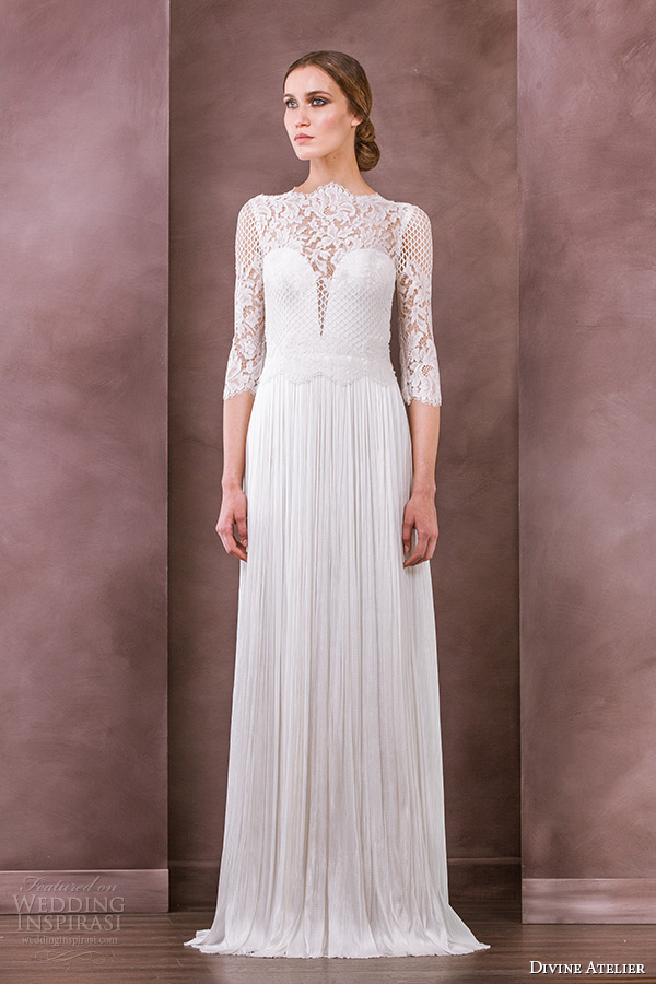 divine atelier wedding dress 2015 bridal three quarter 3 4 sleeves bateau neckline lace top column gown iman