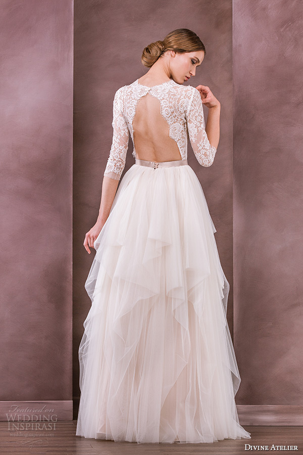 divine atelier wedding dress 2015 bridal three quarter 3 4 sleeves lace boat neckline tiered layered tulle gown sophia back