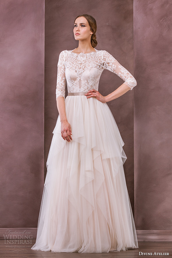 divine atelier wedding dress 2015 bridal three quarter 3 4 sleeves lace boat neckline tiered layered tulle gown sophia