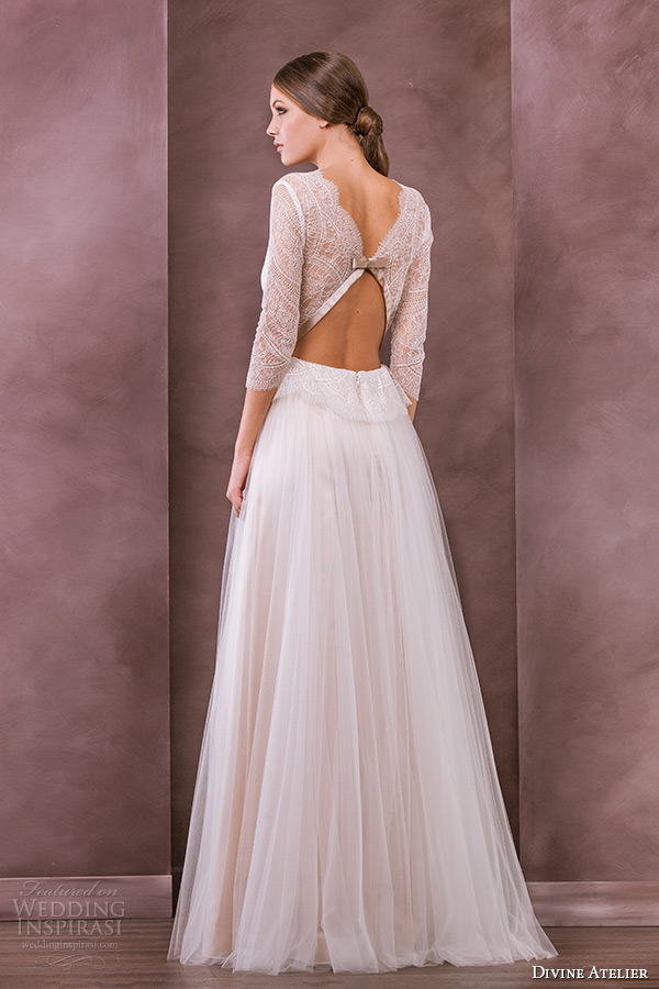 divine atelier wedding dress 2015 bridal three quarter 3 4 sleeves v neckline a line gown celia back