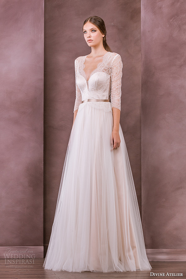 divine atelier wedding dress 2015 bridal three quarter 3 4 sleeves v neckline a line gown celia