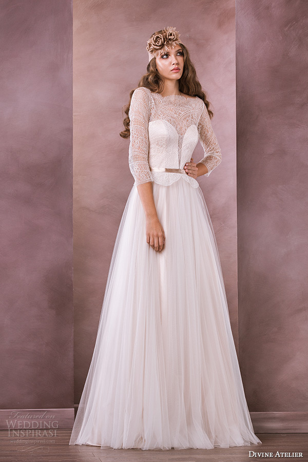 divine atelier wedding dress 2015 bridal three quarter sleeves sheer boat neckline aline briana gown