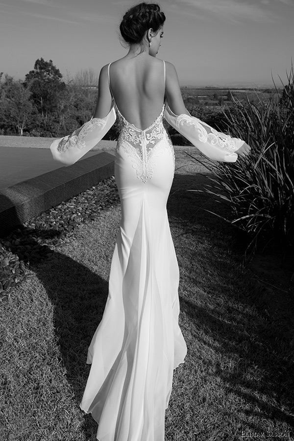 elihav sasson wedding dress 2015 attached long sleeves lace low cut back  sheath bridal gown back