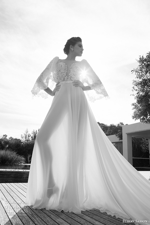 elihav sasson wedding dress 2015 deep plunging neckline to waist lace beaded bolero a line bridal gown