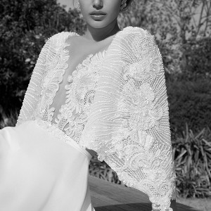elihav sasson wedding dress 2015 deep plunging neckline to waist lace beaded bolero zoom
