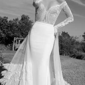 elihav sasson wedding dress 2015 lace long sleeves ultra low cut back  sheath bridal gown with tulle train front