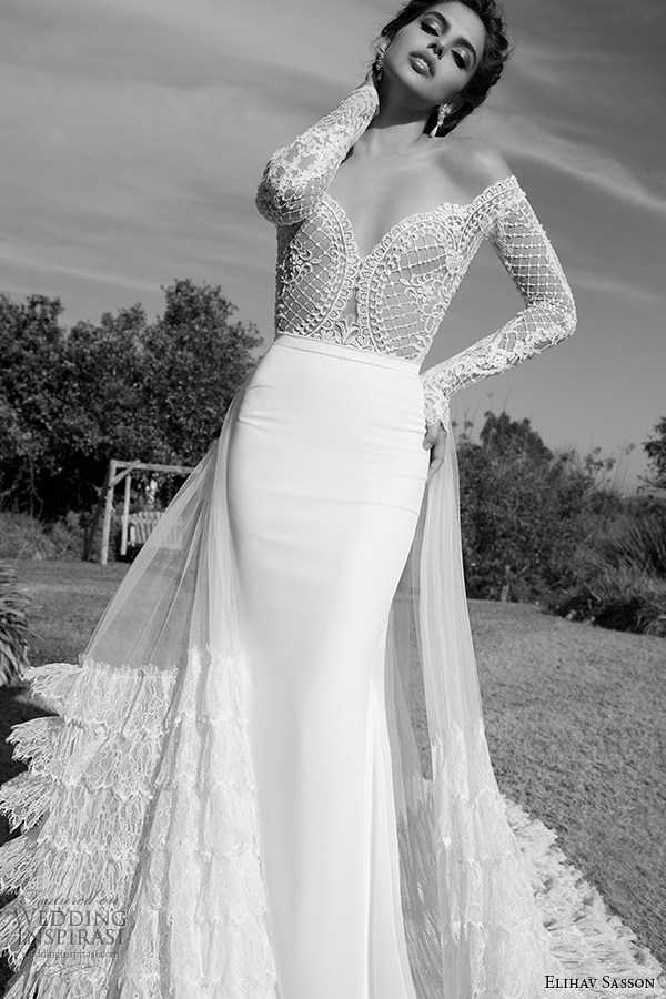 elihav sasson wedding dress 2015 lace long sleeves ultra low cut back sheath bridal gown with tulle train front