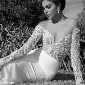 elihav sasson wedding dress 2015 lace long sleeves ultra low cut back sheath bridal gown with tulle train zoom