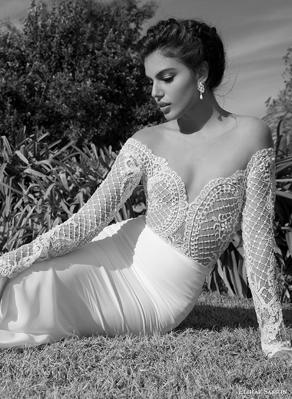 elihav sasson wedding dress 2015 lace long sleeves ultra low cut back sheath bridal gown with tulle train zoom