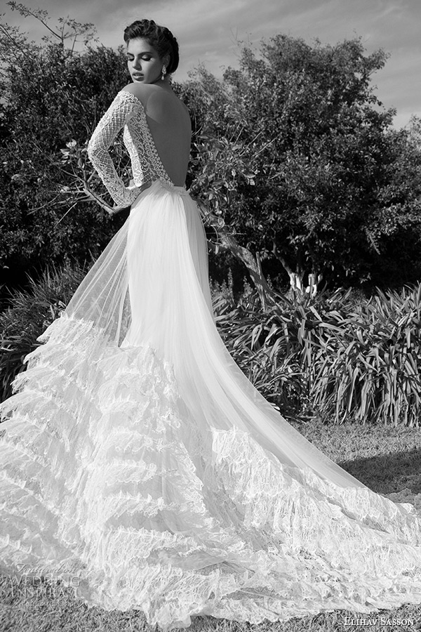 elihav sasson wedding dress 2015 lace long sleeves ultra low cut back sheath bridal gown with tulle train