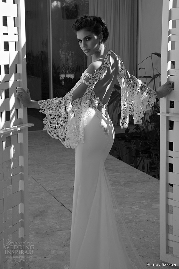 elihav sasson wedding dress 2015 long fluffy sleeves lace low cut back sheath bridal gown back